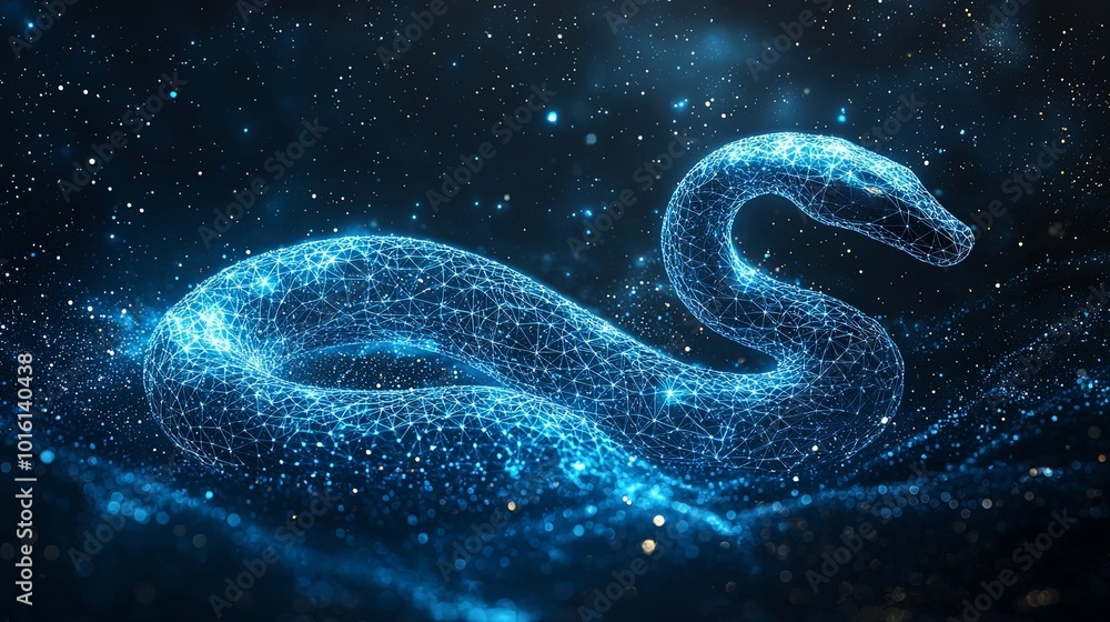 A snake formed from a delicate lattice of light floats in a dark cosmic scene, symbolizing the blend of natural forms with digital abstraction in serene balance. A snake formed from a delicate lattice of light floats in a dark cosmic scene, symbolizing the blend of natural forms with digital abstraction in serene balance.