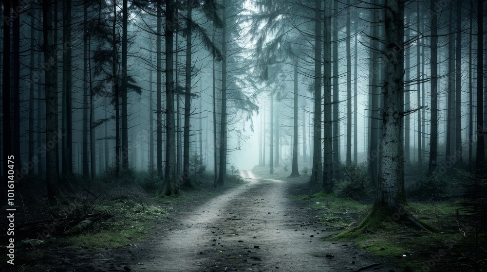 Fototapeta premium An enchanting forest trail bathed in mist, lined with towering, shadowy trees that evoke a mysterious and inviting air.