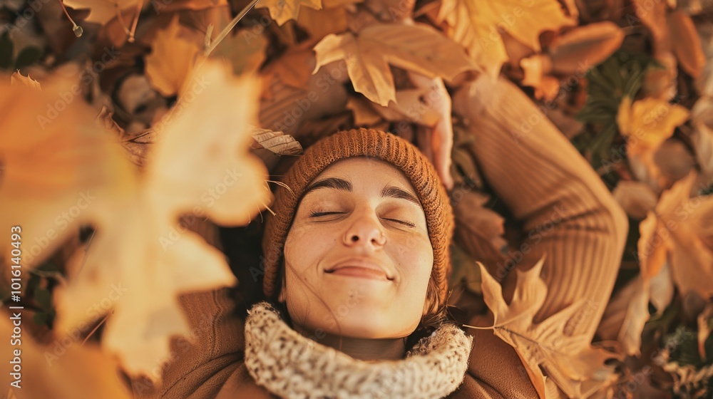 A content woman lies surrounded by autumn leaves, her peaceful expression capturing the warmth and tranquility of a crisp fall day. A content woman lies surrounded by autumn leaves, her peaceful expression capturing the warmth and tranquility of a crisp fall day.