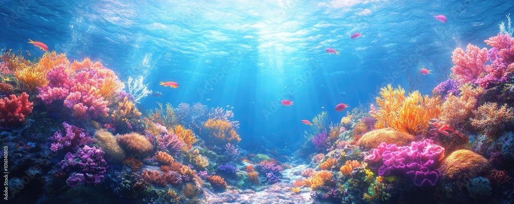 Naklejka premium Tilted angle view, vibrant coral reef flourishing, marine life thriving amidst human protection efforts