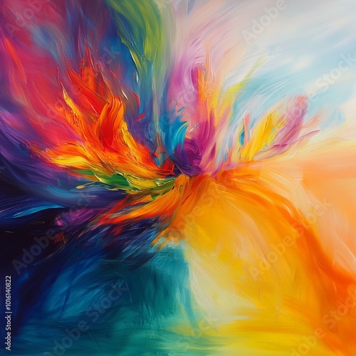 Dynamic abstract painting showcasing a burst of vibrant orange and blue hues, creating an energetic composition. Perfect for artistic projects, backgrounds, and creative inspiration.