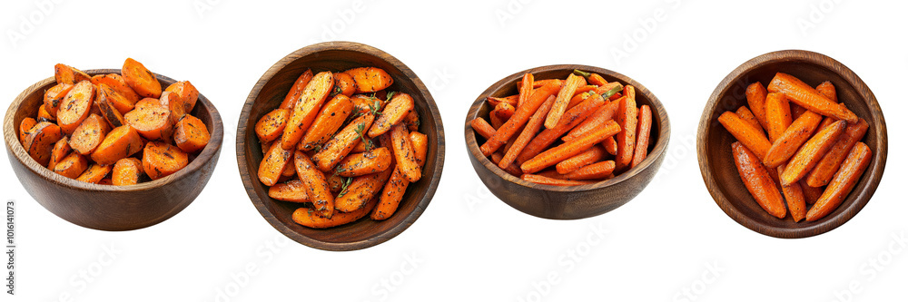 Roasted Carrot Sticks in Wooden Bowls. Roasted Carrot Sticks in Wooden Bowls.