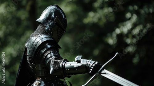 A medieval knight, clad in ornate armor, stands poised with a sword against a lush forest backdrop, exuding strength and vigilance.