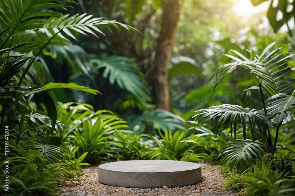 Concrete podium tabletop floor in outdoor tropical garden forest blurred green leaf plant nature background Concrete podium tabletop floor in outdoor tropical garden forest blurred green leaf plant nature background