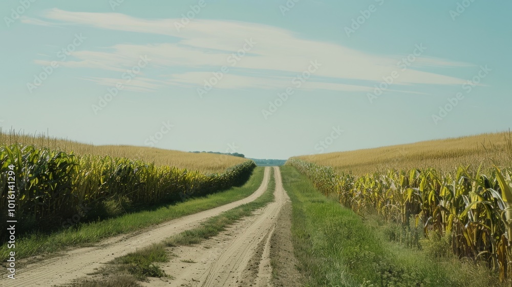 A dirt road stretches through endless cornfields under a clear blue sky, capturing a serene rural landscape bathed in sunshine. A dirt road stretches through endless cornfields under a clear blue sky, capturing a serene rural landscape bathed in sunshine.
