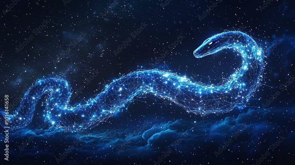 An imaginative digital art piece showing a serpentine form made of light floating in a starry night, merging cosmic elements with artistic abstraction. An imaginative digital art piece showing a serpentine form made of light floating in a starry night, merging cosmic elements with artistic abstraction.