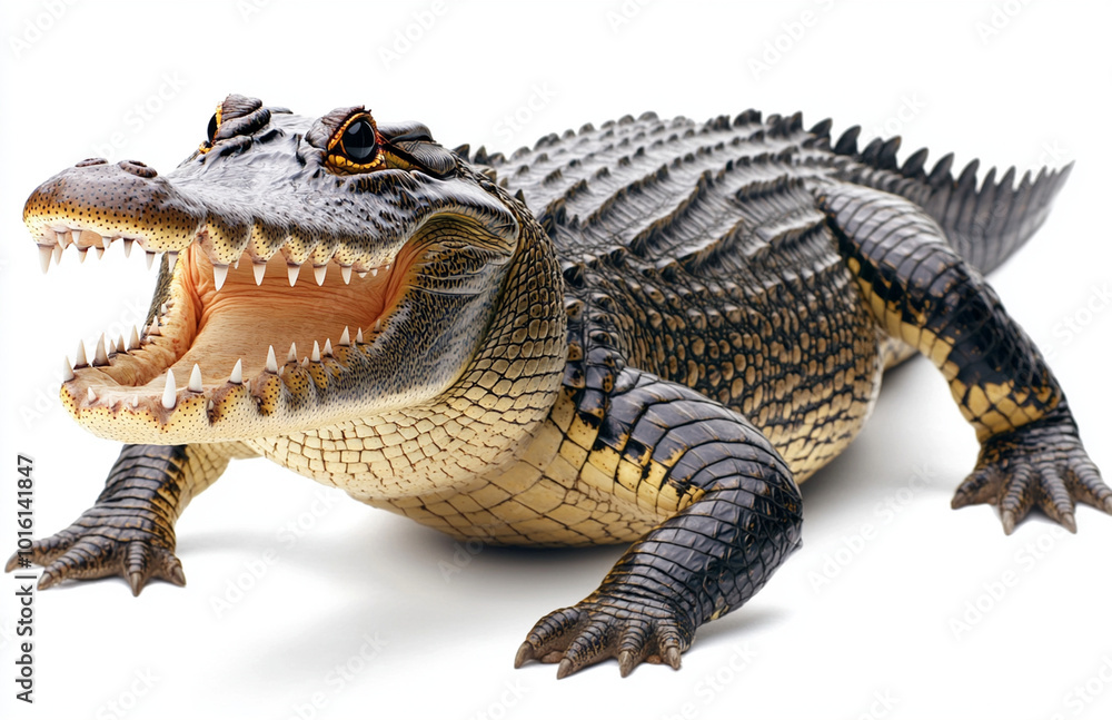Fototapeta premium detailed photograph of crocodile showcasing its sharp teeth and textured skin, emphasizing its fierce expression and natural beauty. This image captures essence of this powerful reptile