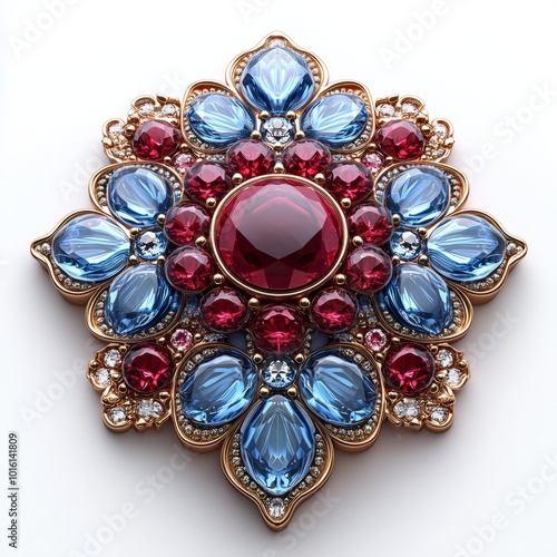 Ornate Gold Pendant with Red and Blue Gemstones