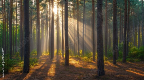 A dense pine forest with tall trees towering above, sunlight filtering through the branches and dappling the forest floor.