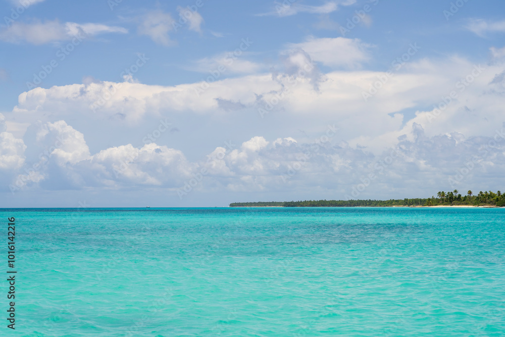 Landscape of Saona Island. Caribbean Sea with clear turquoise ocean, blue sky, clouds and green palms.Dominican Republic Landscape of Saona Island. Caribbean Sea with clear turquoise ocean, blue sky, clouds and green palms.Dominican Republic