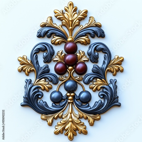 Ornate Gold and Blue Floral Design with Red and Blue Spheres