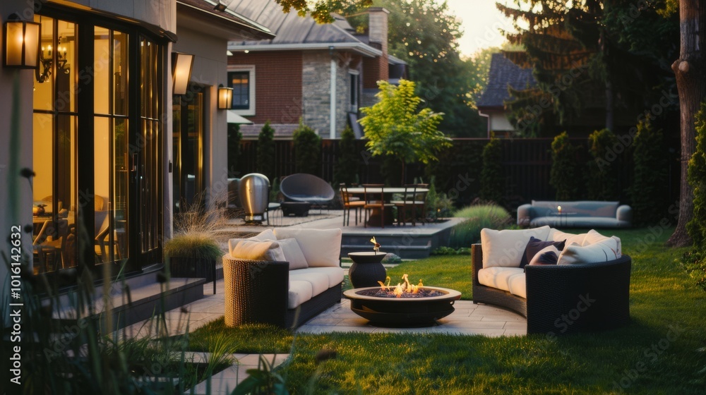 Evening light softly glows on a cozy backyard with a fire pit, surrounded by lush plants and luxurious seating, exuding warmth and relaxation. Evening light softly glows on a cozy backyard with a fire pit, surrounded by lush plants and luxurious seating, exuding warmth and relaxation.