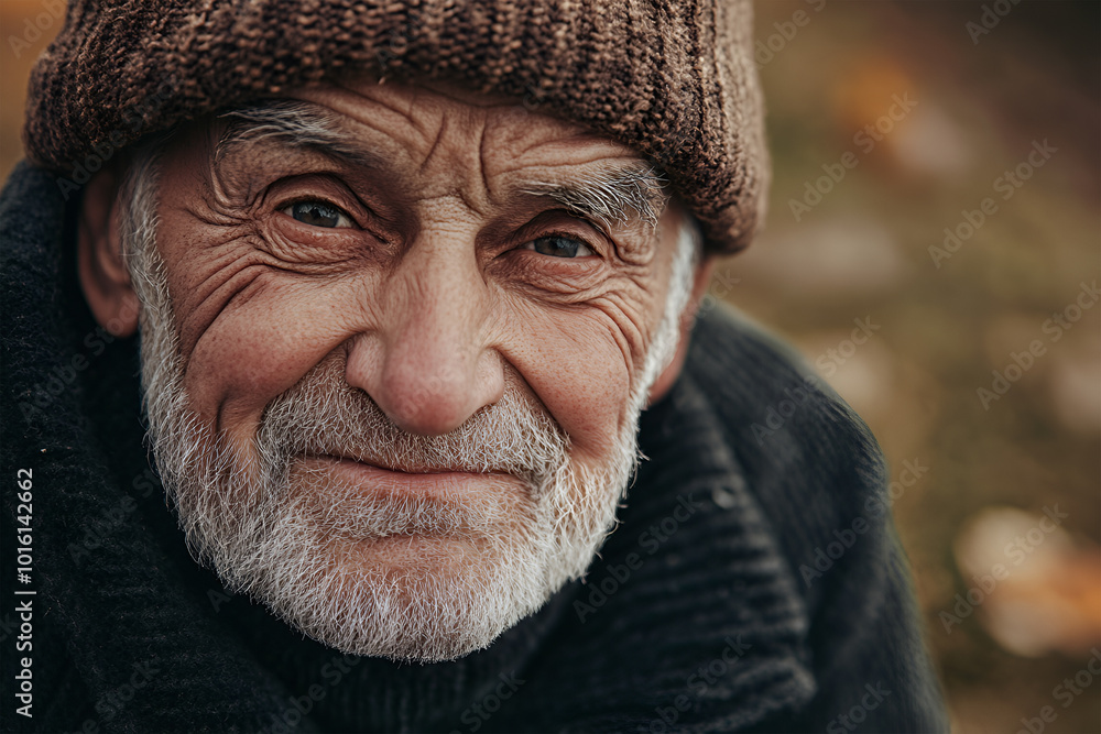 An elderly man of 80 years old, wearing a winter hat An elderly man of 80 years old, wearing a winter hat