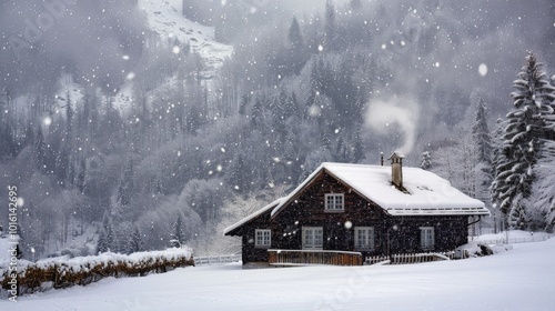 A cozy cabin nestled in a winter wonderland, with snowflakes gently falling against a backdrop of foggy mountains and whispering trees.