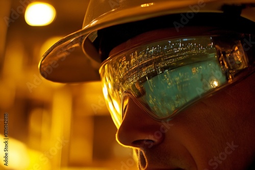 A focused engineer wearing reflective glasses and a helmet, surrounded by illuminated machinery, signifying the precision and care in industrial engineering. photo