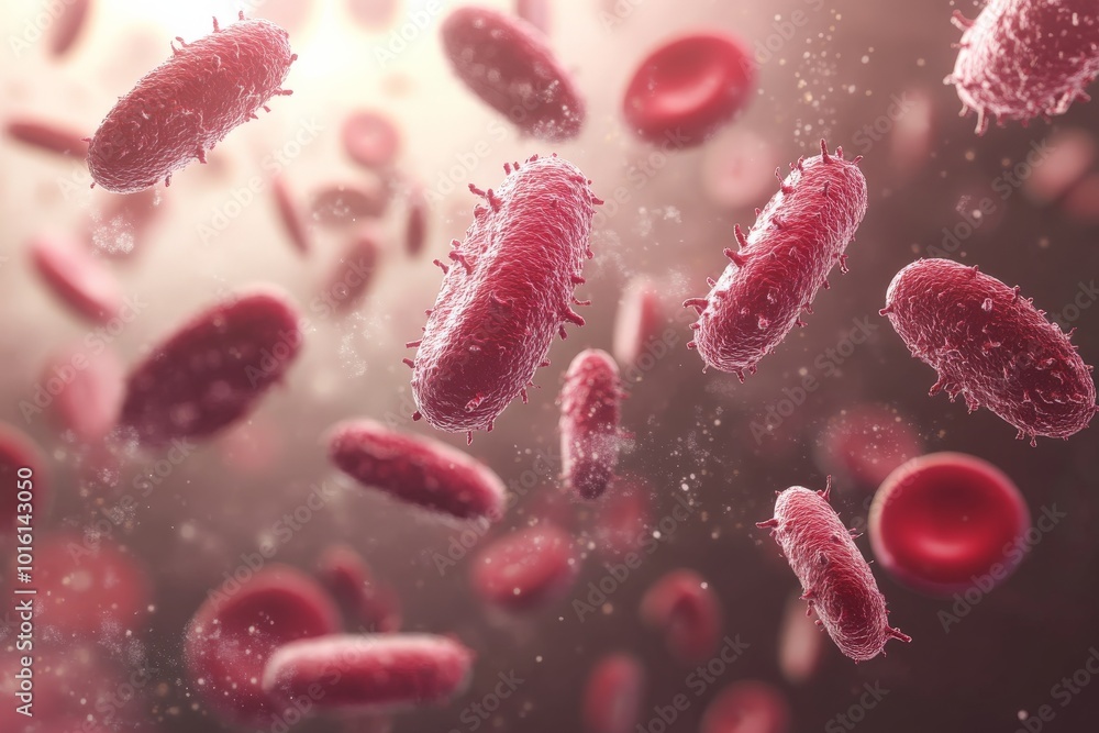 A vibrant microscopic illustration capturing bacteria and blood flow, highlighting the detailed textures and movements, providing an insightful view into cellular dynamics. A vibrant microscopic illustration capturing bacteria and blood flow, highlighting the detailed textures and movements, providing an insightful view into cellular dynamics.
