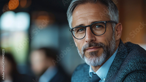 A professional executive and his staff working on a company project, using smart technology to organize information and develop business strategies.