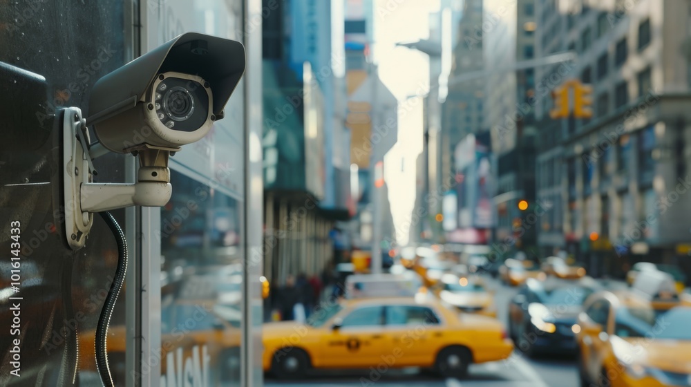A security camera watches over a bustling urban street, capturing scenes of taxis and pedestrians in the vibrant city life. A security camera watches over a bustling urban street, capturing scenes of taxis and pedestrians in the vibrant city life.
