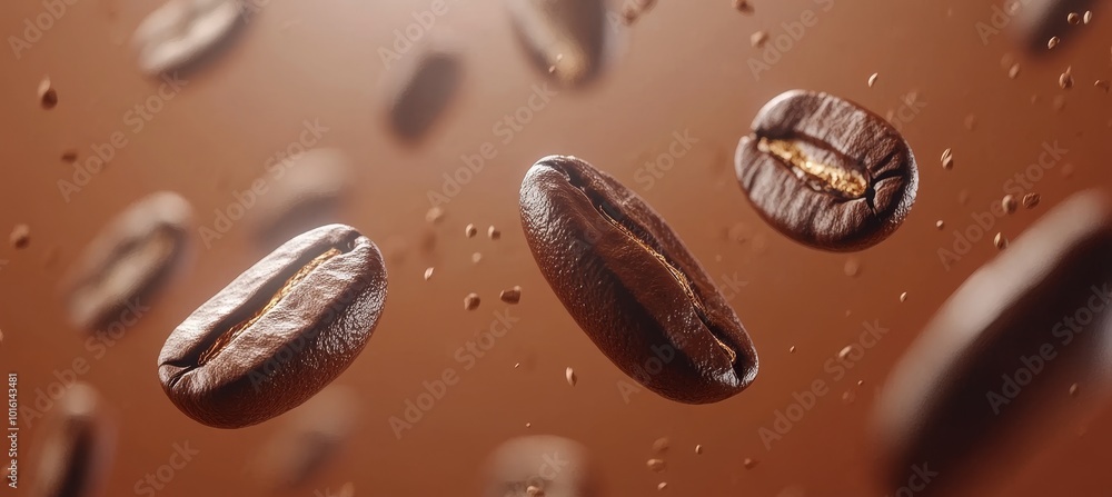 Roasted Coffee Beans Falling Through the Air, Vibrant Coffee Advertisement on Orange Background. Roasted Coffee Beans Falling Through the Air, Vibrant Coffee Advertisement on Orange Background.