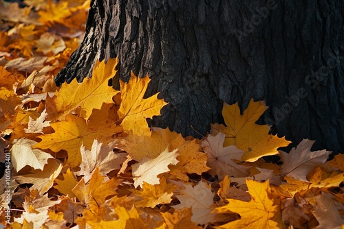 A majestic tree trunk rises amidst a vibrant sea of autumn leaves, creating a captivating scene filled with the warm hues of seasonal transformation. photo