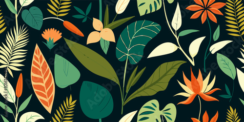 Seamless tropical leaves and flowers on dark background