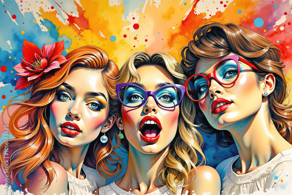 Obraz premium Three fashion models posing with colorful background