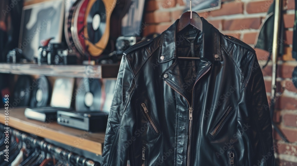 A black leather jacket hangs in an eclectic store showcasing vintage records and cameras, offering a nod to classic style and nostalgia. A black leather jacket hangs in an eclectic store showcasing vintage records and cameras, offering a nod to classic style and nostalgia.