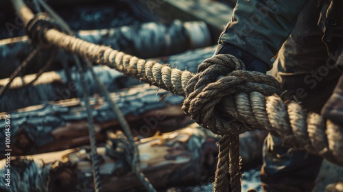 A rugged hand grips a thick rope, securing timber logs together, embodying strength and resilience in a rustic setting.