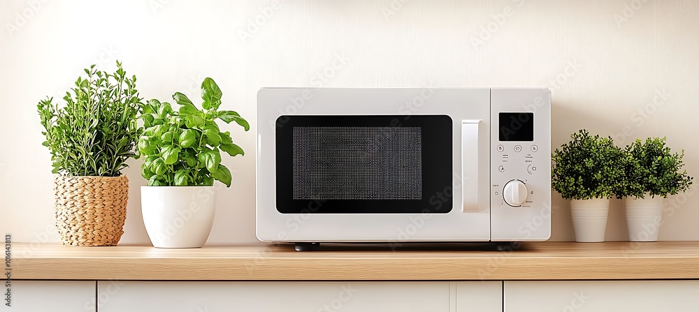 A microwave on a kitchen counter with ample space for text and product details A microwave on a kitchen counter with ample space for text and product details