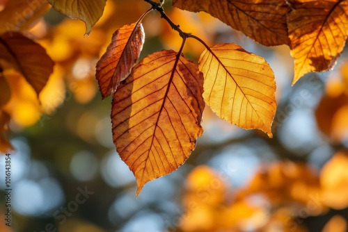 Close-up of golden autumn leaves in sunlight with a blurred background, showcasing the vibrant colors and delicate textures typical of a fall season setting.