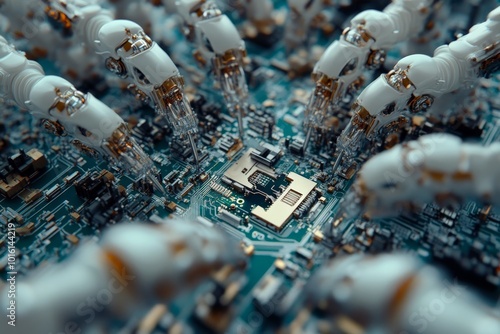 A close-up image depicting robotic arms intricately assembling a microchip on a circuit board, showcasing technology's precision and the advancement of engineering. photo