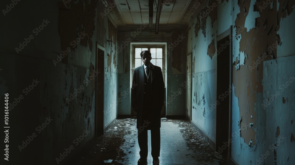 A solitary figure stands at the end of a weathered, dimly lit hallway, invoking a sense of mystery and isolation in the shadowy atmosphere. A solitary figure stands at the end of a weathered, dimly lit hallway, invoking a sense of mystery and isolation in the shadowy atmosphere.