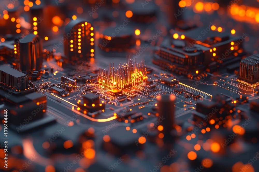 An abstract interpretation of a cityscape resembling a circuit board with glowing prongs, merging the concepts of urban life and technological infrastructure. An abstract interpretation of a cityscape resembling a circuit board with glowing prongs, merging the concepts of urban life and technological infrastructure.