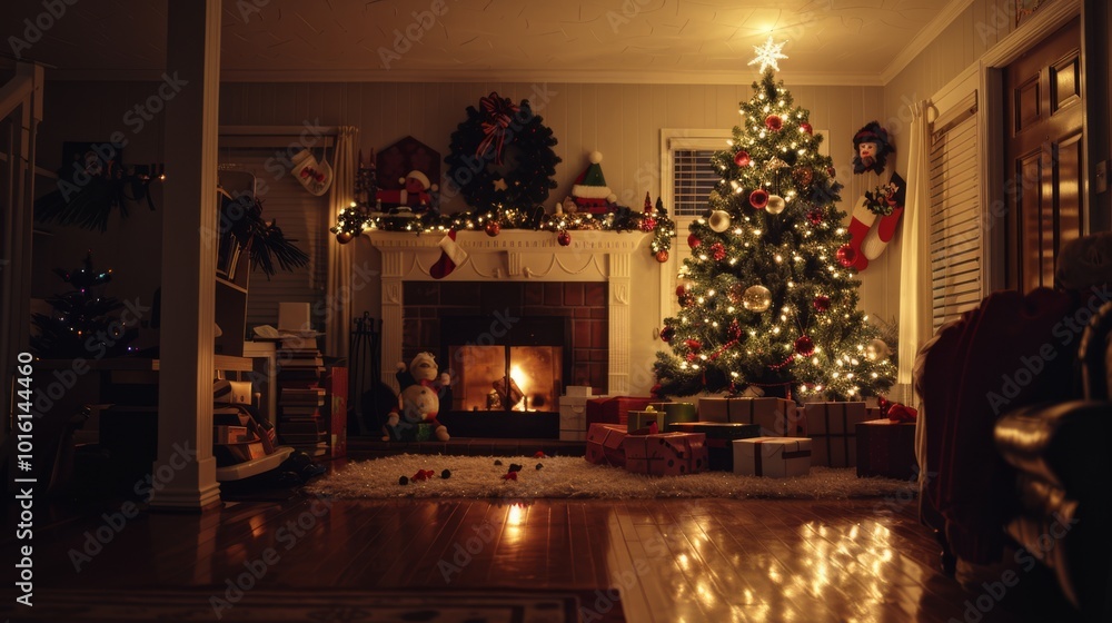 A warm, festive living room adorned with a glowing Christmas tree, wreaths, and presents capturing holiday spirit. A warm, festive living room adorned with a glowing Christmas tree, wreaths, and presents capturing holiday spirit.