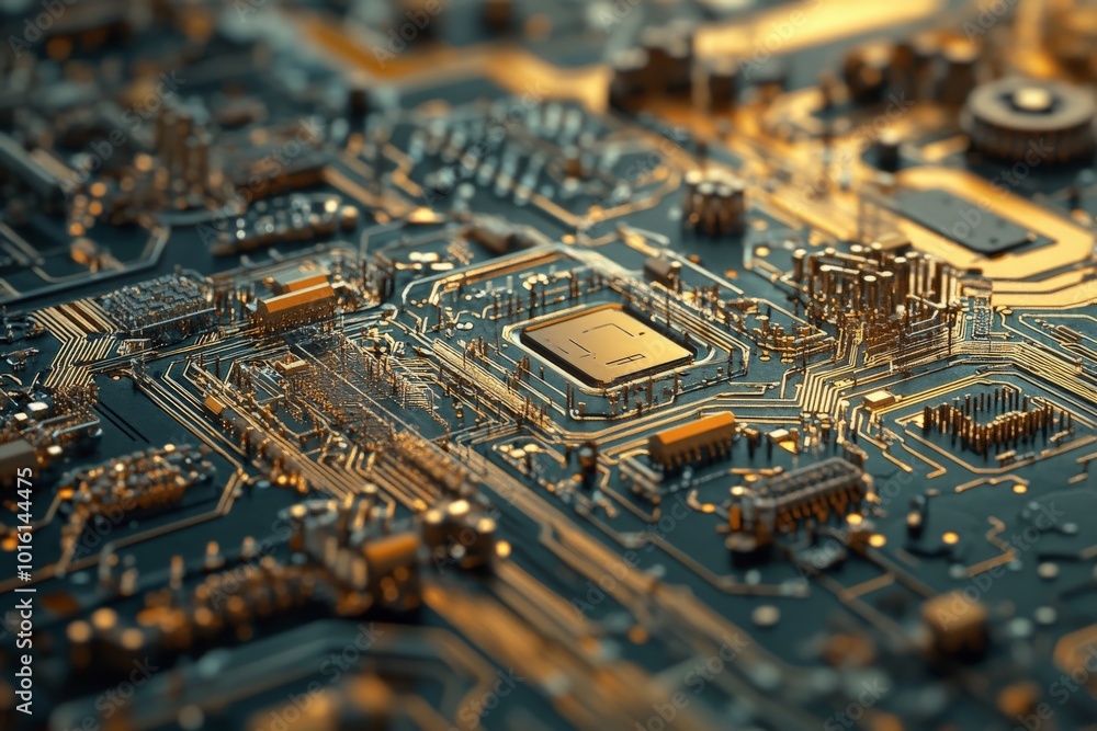 Obraz premium An intricate circuit board with glowing elements highlights technological advancement and innovation in electronic design and modern circuitry systems.