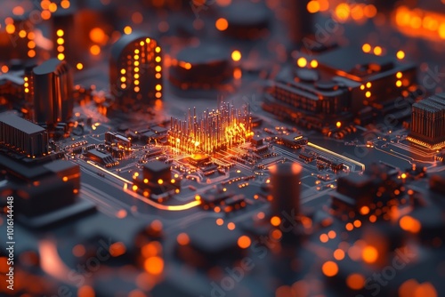 An abstract interpretation of a cityscape resembling a circuit board with glowing prongs, merging the concepts of urban life and technological infrastructure. photo