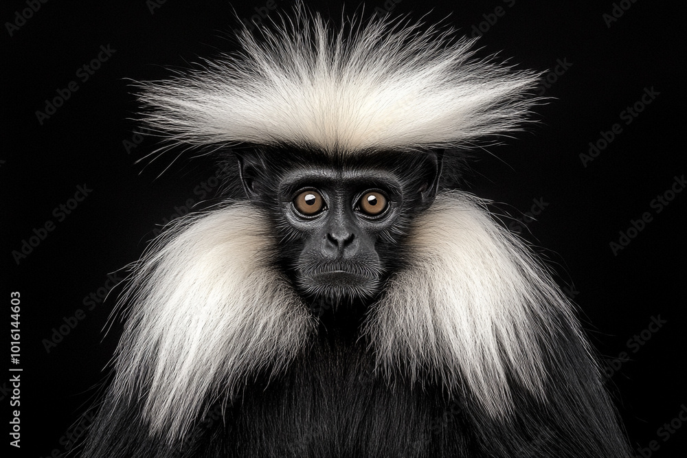 A striking portrait of monkey with big eyes and distinctive fur pattern, showcasing its unique features against dark background. expression is captivating and evokes curiosity A striking portrait of monkey with big eyes and distinctive fur pattern, showcasing its unique features against dark background. expression is captivating and evokes curiosity