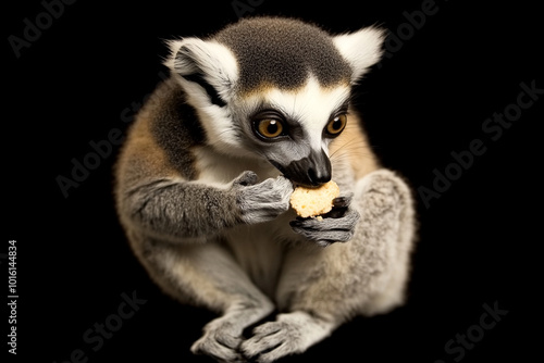 A cute little lemur sitting and enjoying snack, showcasing its playful nature and expressive eyes. This adorable creature captures attention with its unique features and charming demeanor photo