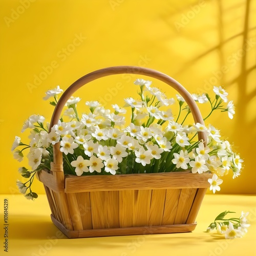 Elegant 3D Floral Arrangement: White Flowers in a Wooden Basket with a Cheerful Yellow Spring Background photo