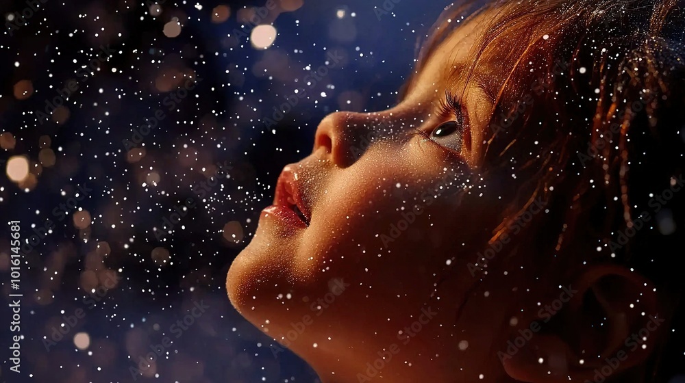 A child gazing upward, mesmerized by falling snowflakes, capturing a moment of wonder and magic in a dreamy, soft-lit atmosphere. A child gazing upward, mesmerized by falling snowflakes, capturing a moment of wonder and magic in a dreamy, soft-lit atmosphere.