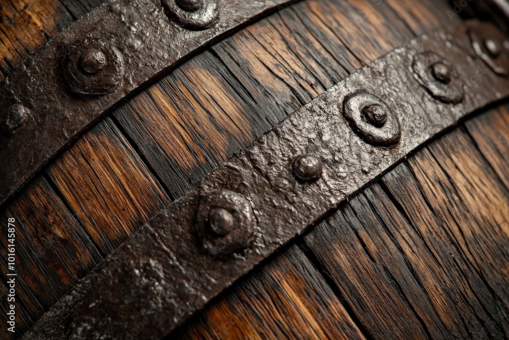 Fototapeta premium Image of a rustic wooden barrel with prominent metal bands, evoking a sense of heritage and time through its aged appearance and traditional design elements.