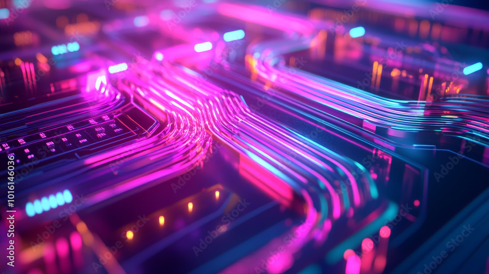 Fototapeta premium Vibrant abstract digital art showcasing consumer unit with holographic elements, featuring glowing circuits and colorful lights that create futuristic atmosphere