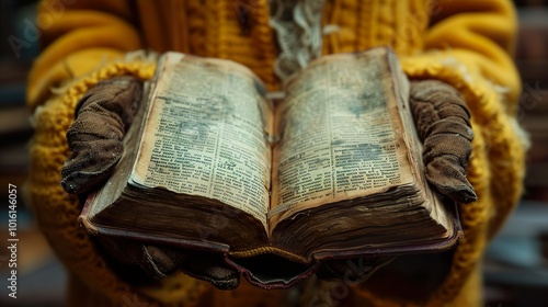 Close Up of an Antique Book Held in Gloved Hands photo