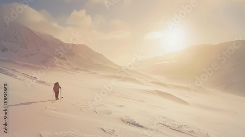 A lone hiker traverses a vast snowy landscape under a warm glowing sun, evoking a sense of solitude and adventure.