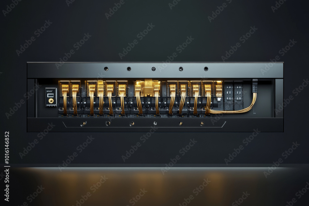 Elegant consumer unit with gold and silver wiring, showcasing modern design. This unit features multiple connections, ideal for contemporary setups Elegant consumer unit with gold and silver wiring, showcasing modern design. This unit features multiple connections, ideal for contemporary setups