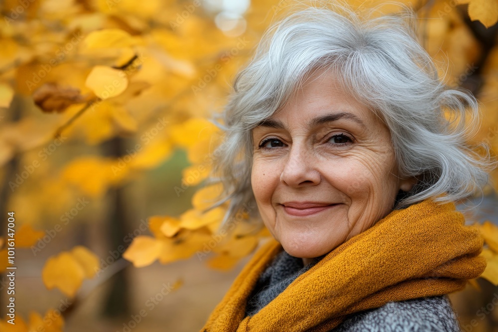 A gray-haired older woman stands smiling surrounded by vibrant fall leaves, presenting a warm and inviting portrait capturing a moment of contentment and nature's beauty. A gray-haired older woman stands smiling surrounded by vibrant fall leaves, presenting a warm and inviting portrait capturing a moment of contentment and nature's beauty.