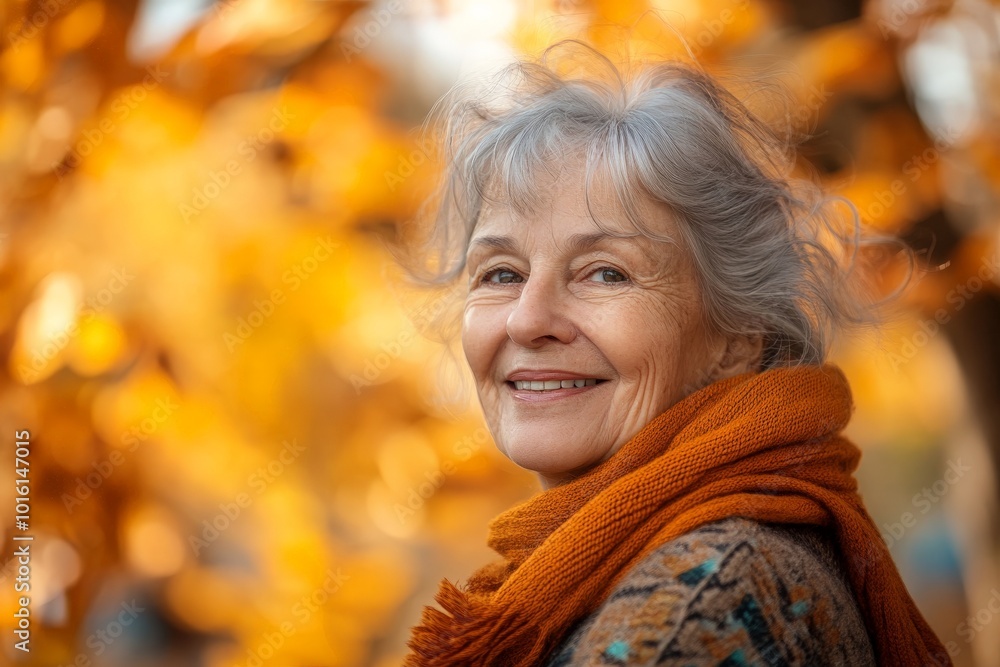 A content older woman with gray hair stands amid an array of golden fall leaves, wrapped in a warm scarf, evoking feelings of peace and natural beauty. A content older woman with gray hair stands amid an array of golden fall leaves, wrapped in a warm scarf, evoking feelings of peace and natural beauty.