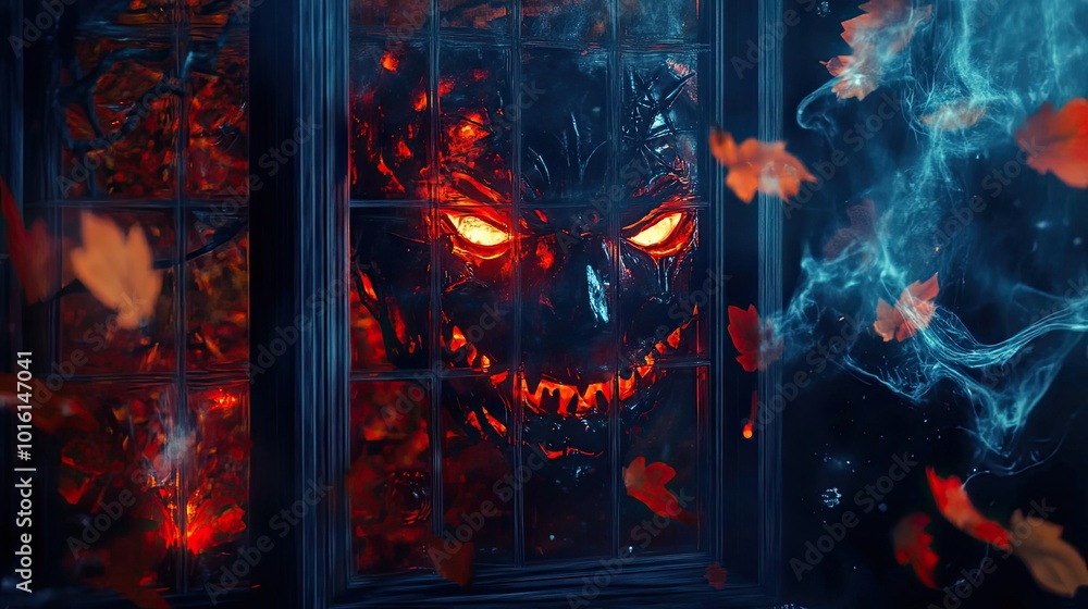 Fototapeta premium A sinister glowing face appears behind a window, surrounded by swirling smoke and autumn leaves, evoking a Halloween atmosphere.