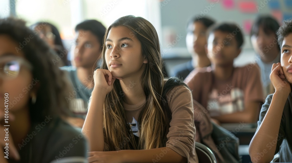 A focused student gazes intently toward the front of a lively classroom, embodying curiosity and the promise of education. A focused student gazes intently toward the front of a lively classroom, embodying curiosity and the promise of education.