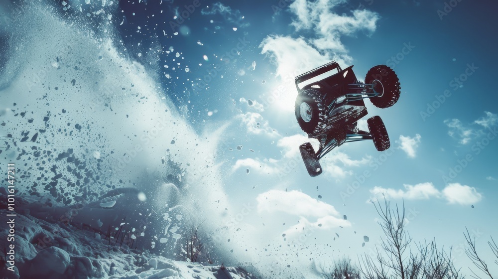 A rugged off-road vehicle launches into the air amidst a spray of snow, capturing the thrill of extreme adventure and freedom against a sunlit sky. A rugged off-road vehicle launches into the air amidst a spray of snow, capturing the thrill of extreme adventure and freedom against a sunlit sky.